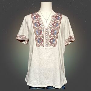 Pure Jill Women Medium Cream Embroidered Cotton Tee Boho Artisan Cottagecore Top